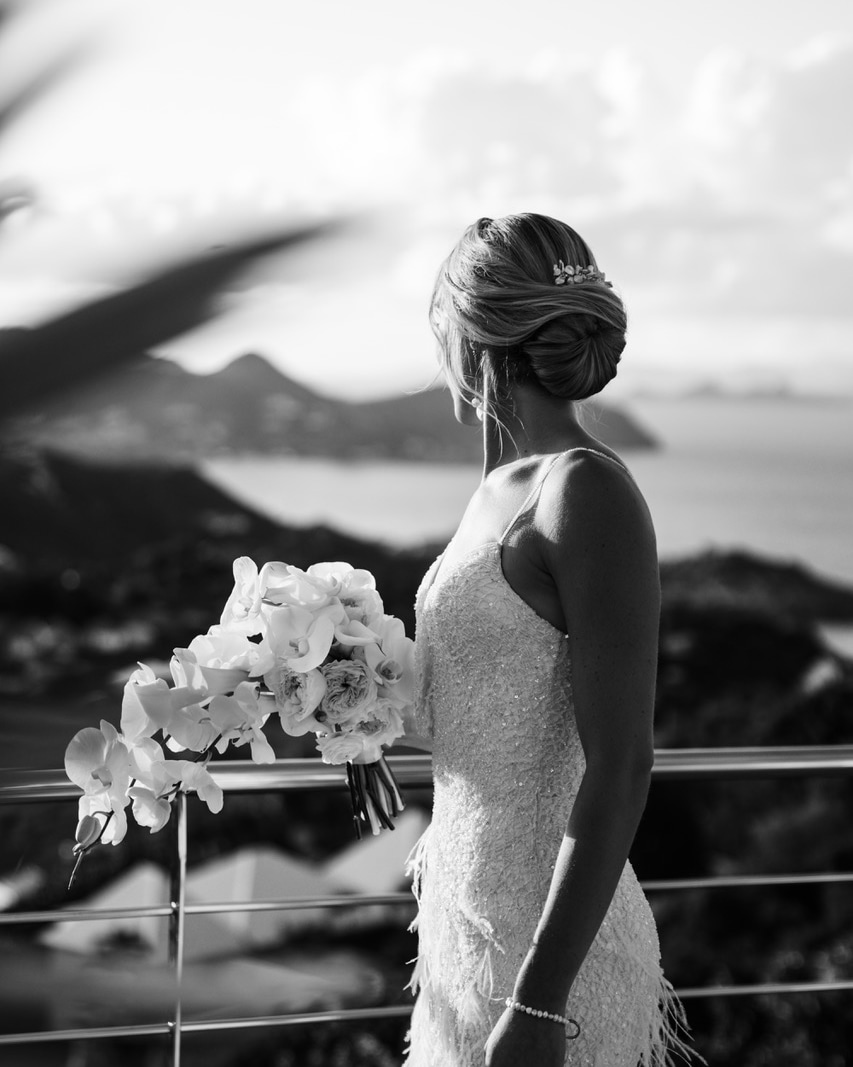 Bride seen from the side, facing the bay