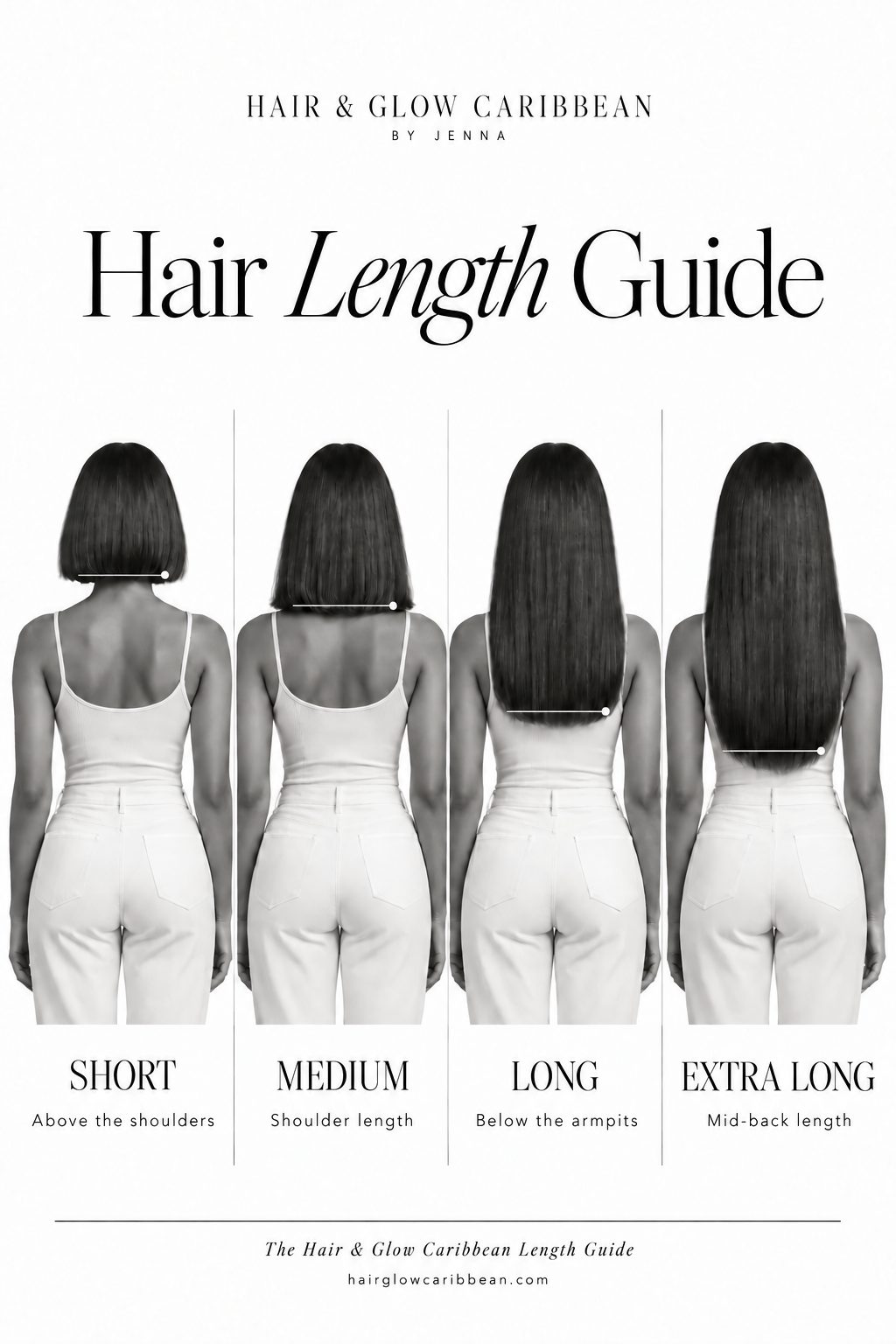 Hair length guide: short above the shoulders, medium at shoulder length, long below the armpits, extra long mid-back